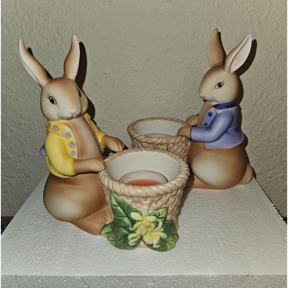 PartyLite Easter Bunny Bertie & Bea Votive Candle Holder Holiday Table Decor Set